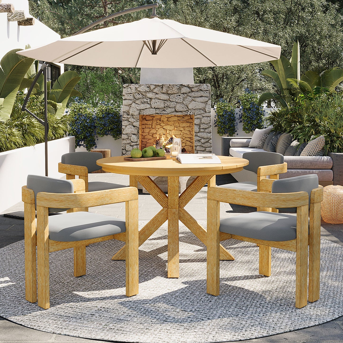 Outdoor Acacia Wood Round Dining Set and Chairs