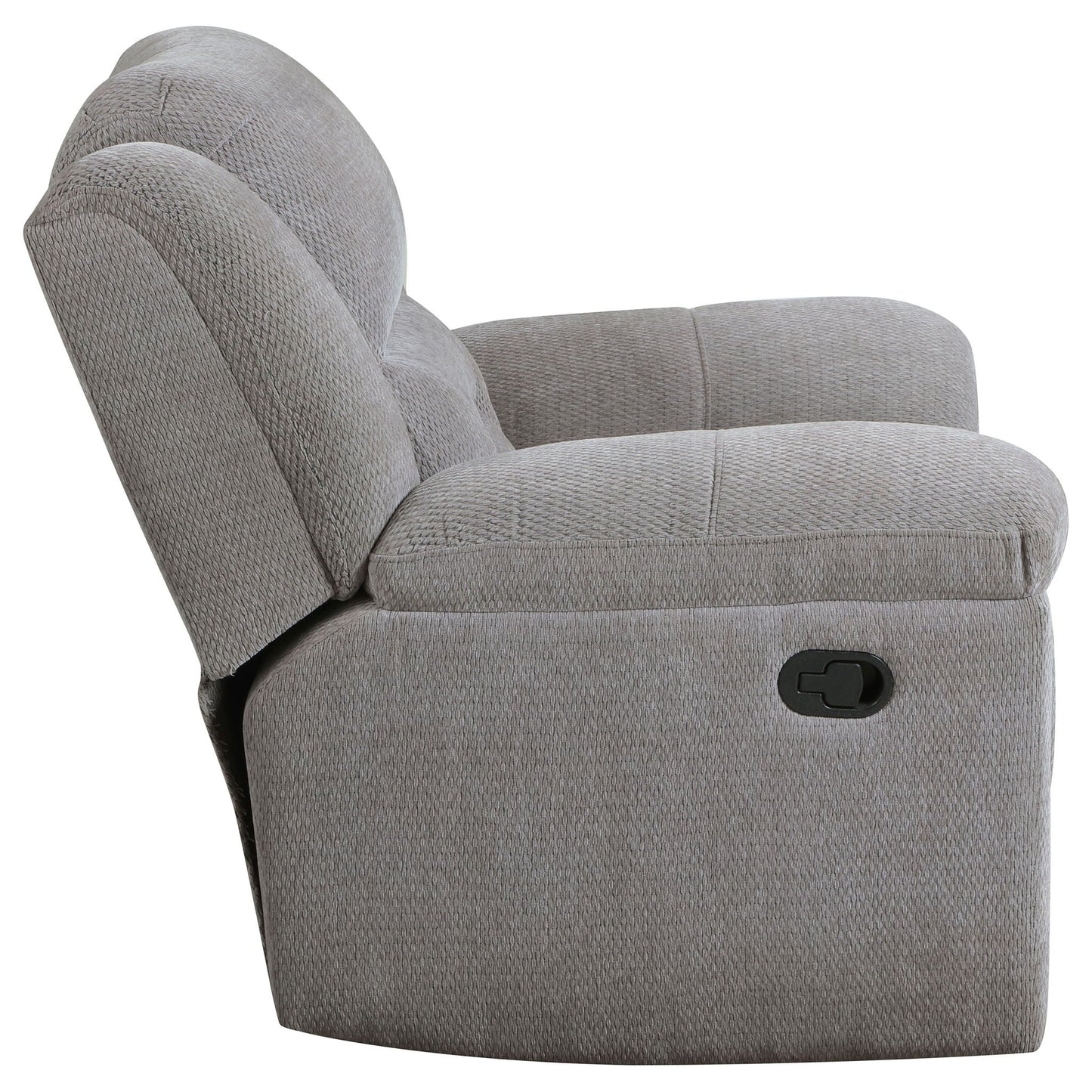 Sebring upholstered glider recliner chair in gray fabric with manual recline and smooth gliding motion on Tampa Home & Garden Store