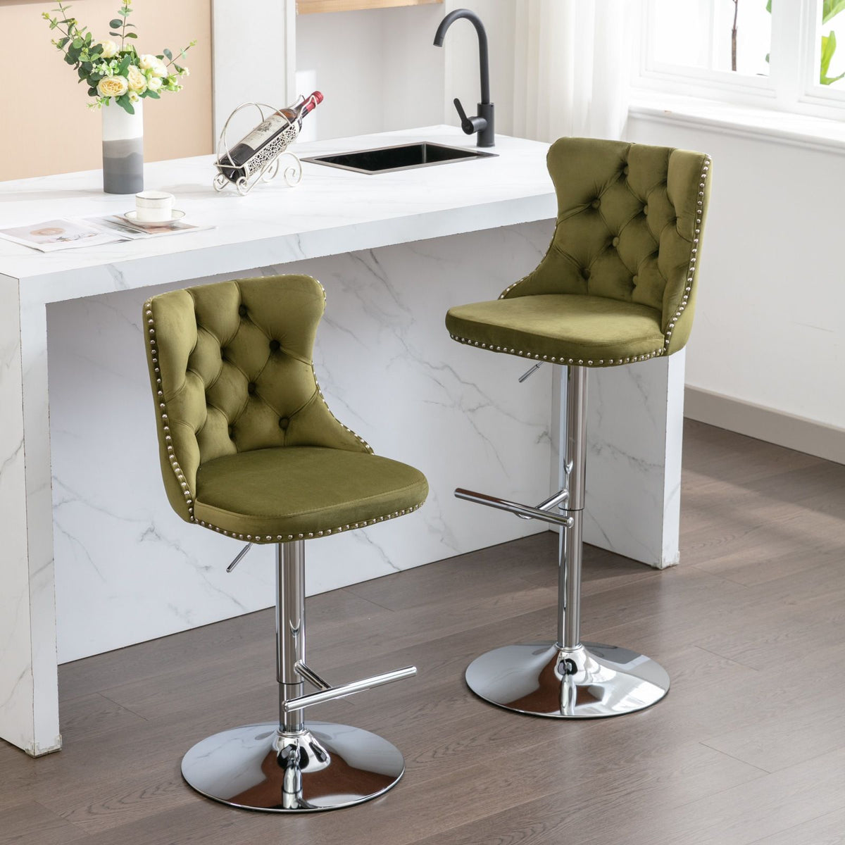 Swivel height-adjustable barstools HouseOfZazla olive-green tufted bases nailhead trim set of 2 on Tampa Home & Garden Store