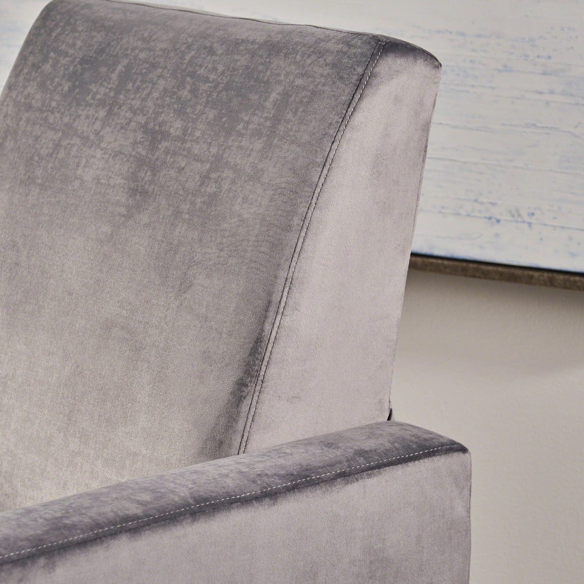 Bolt Upholstered Recliner Chair gray velvet upholstery close-up of arm with stitching on Tampa Home & Garden Store