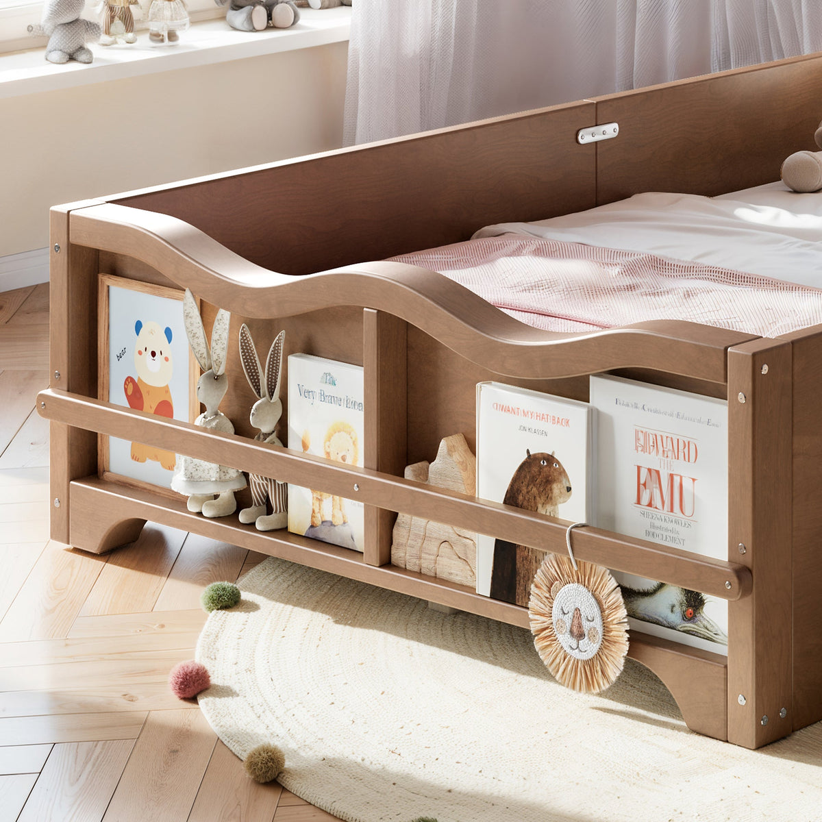 Twin size kids platform bed with guardrails and bookshelf in white pine HouseOfZazla on Tampa Home & Garden Store