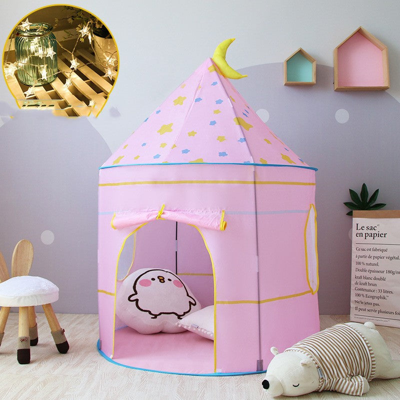 Pink children's princess play tent castle with yellow trim and star accents My Store on Tampa Home & Garden Store