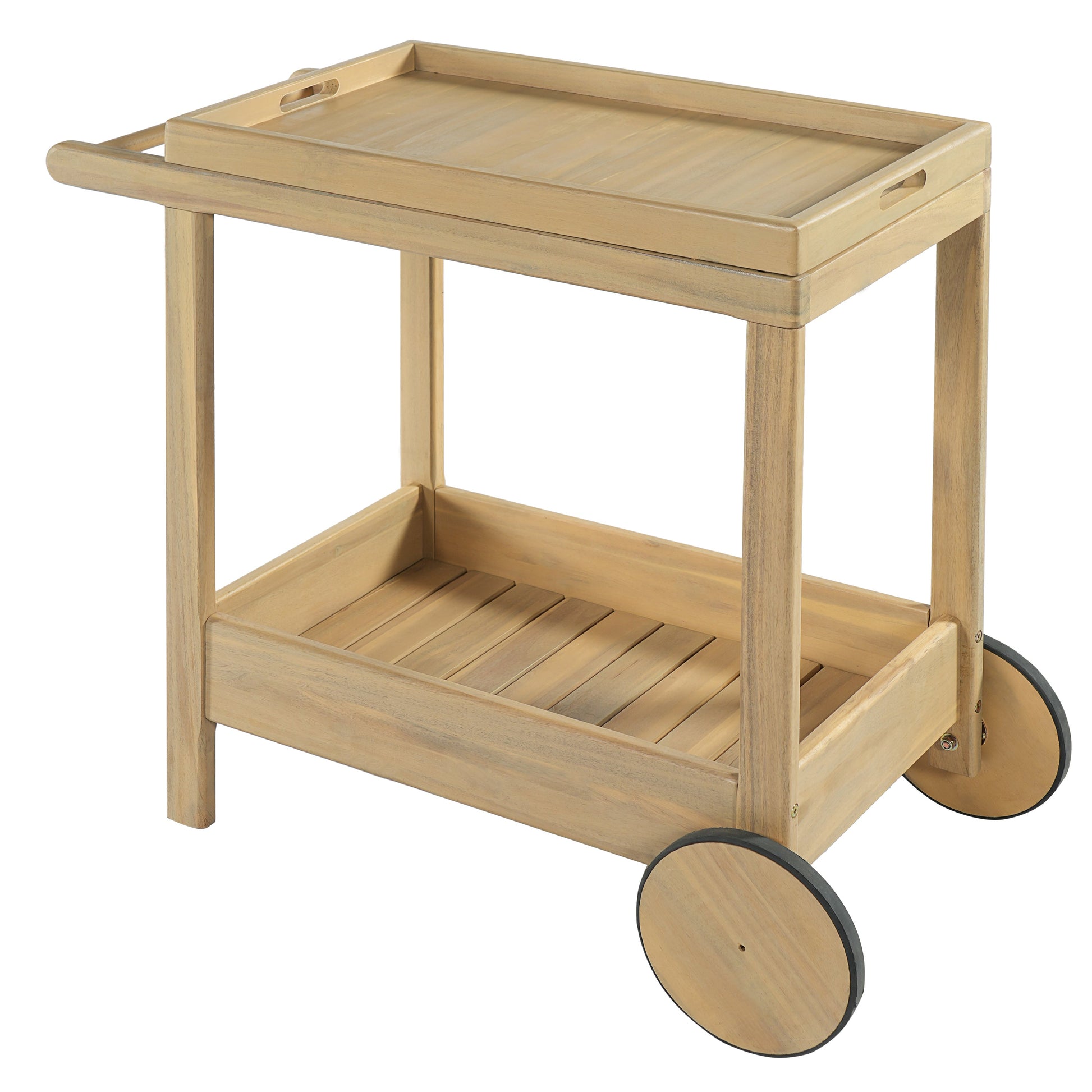 Saratoga Outdoor Bar Cart by HouseOfZazla, wood, two-tier with slatted shelves and wheels on Tampa Home & Garden Store
