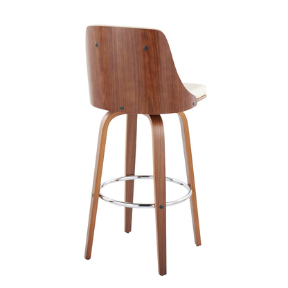 Mid-Century Modern Swivel Barstool Set in warm wood finish with rounded back and chrome footrest on Tampa Home & Garden Store