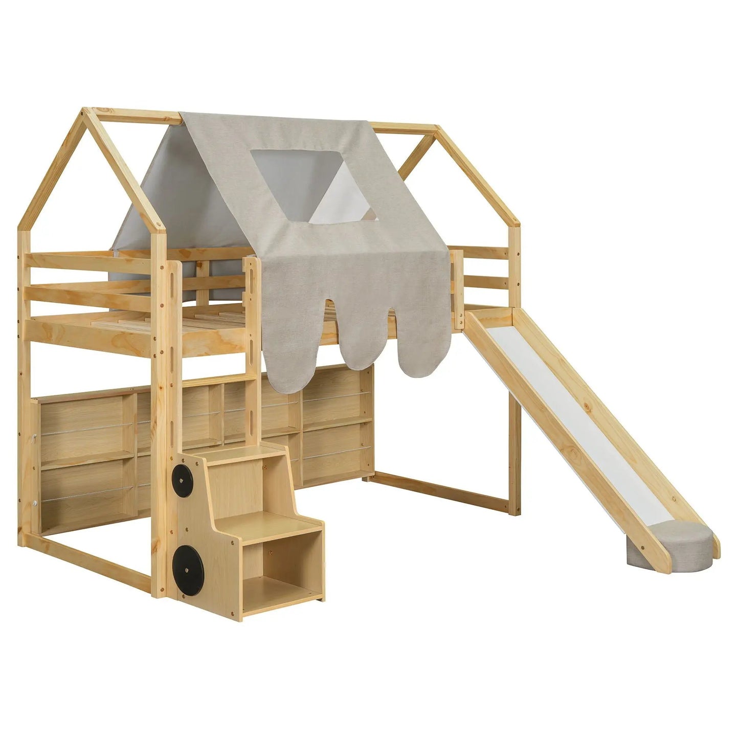 Loft Bed with house-shaped wooden frame and beige fabric tent by Unique Piece Furniture on Tampa Home & Garden Store