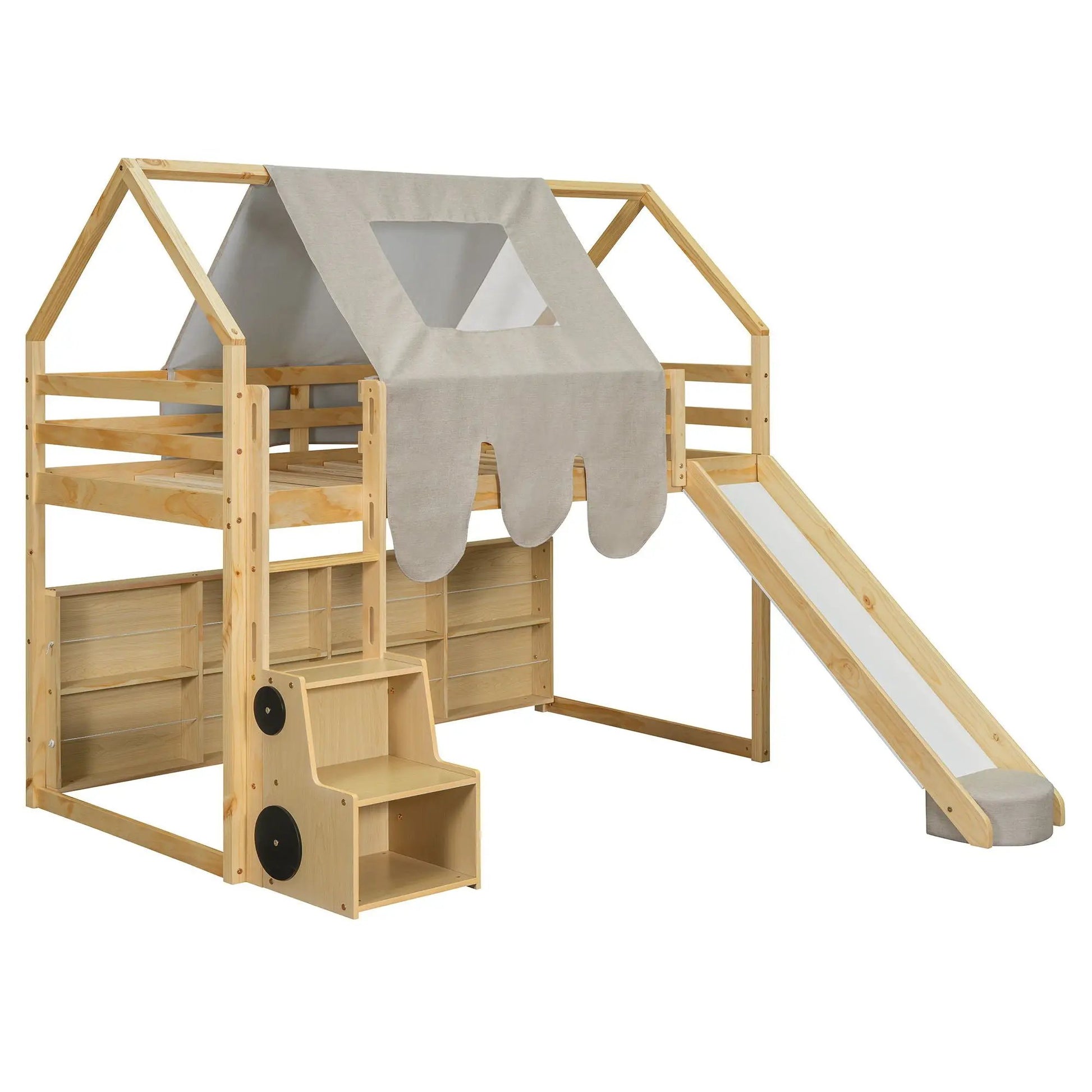 Loft Bed with house-shaped wooden frame and beige fabric tent by Unique Piece Furniture on Tampa Home & Garden Store