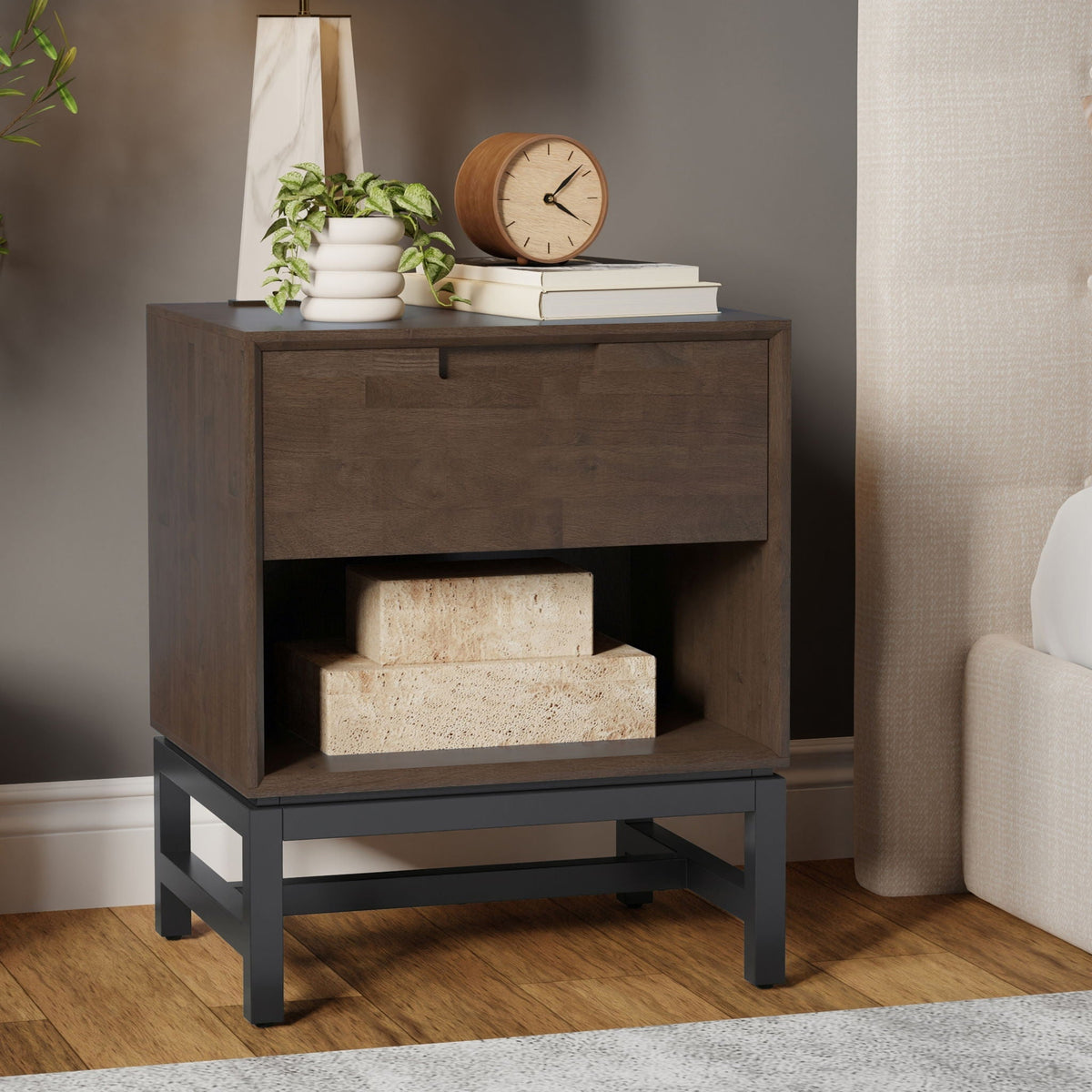 Walnut brown solid rubberwood nightstand with drawer and open storage on black metal legs on Tampa Home & Garden Store