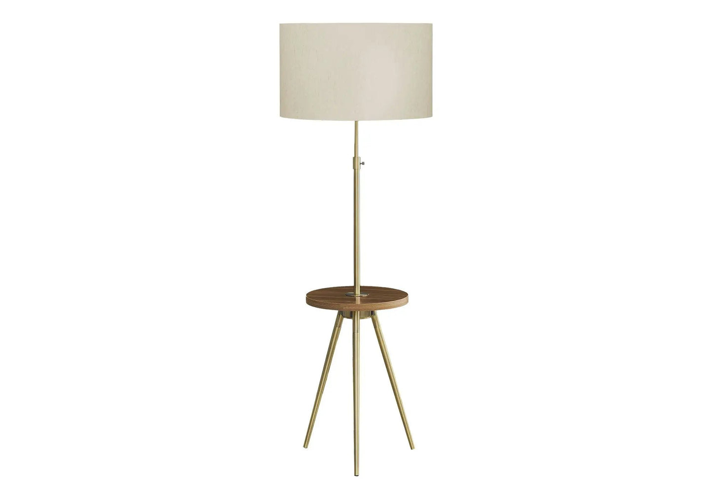 Floor lamp lighting with brass tripod base and beige fabric shade on Tampa Home & Garden Store