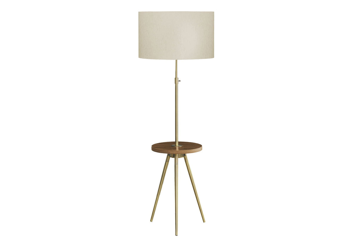 HouseOfZazla floor lamp with brass stem, beige fabric shade, wooden round base on Tampa Home & Garden Store