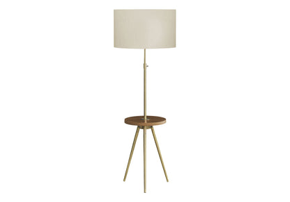 HouseOfZazla floor lamp with brass stem, beige fabric shade, wooden round base on Tampa Home & Garden Store