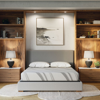 Bib Nl 8in Pro Gel Foam Firm Hybrid Mattress by HouseOfZazla on gray bed in wood paneled room on Tampa Home & Garden Store