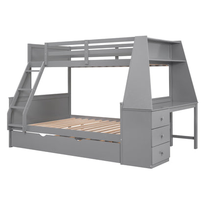 Bunk bed with trundle and built-in desk with shelf in grey by HouseOfZazla, 3 drawers on Tampa Home & Garden Store