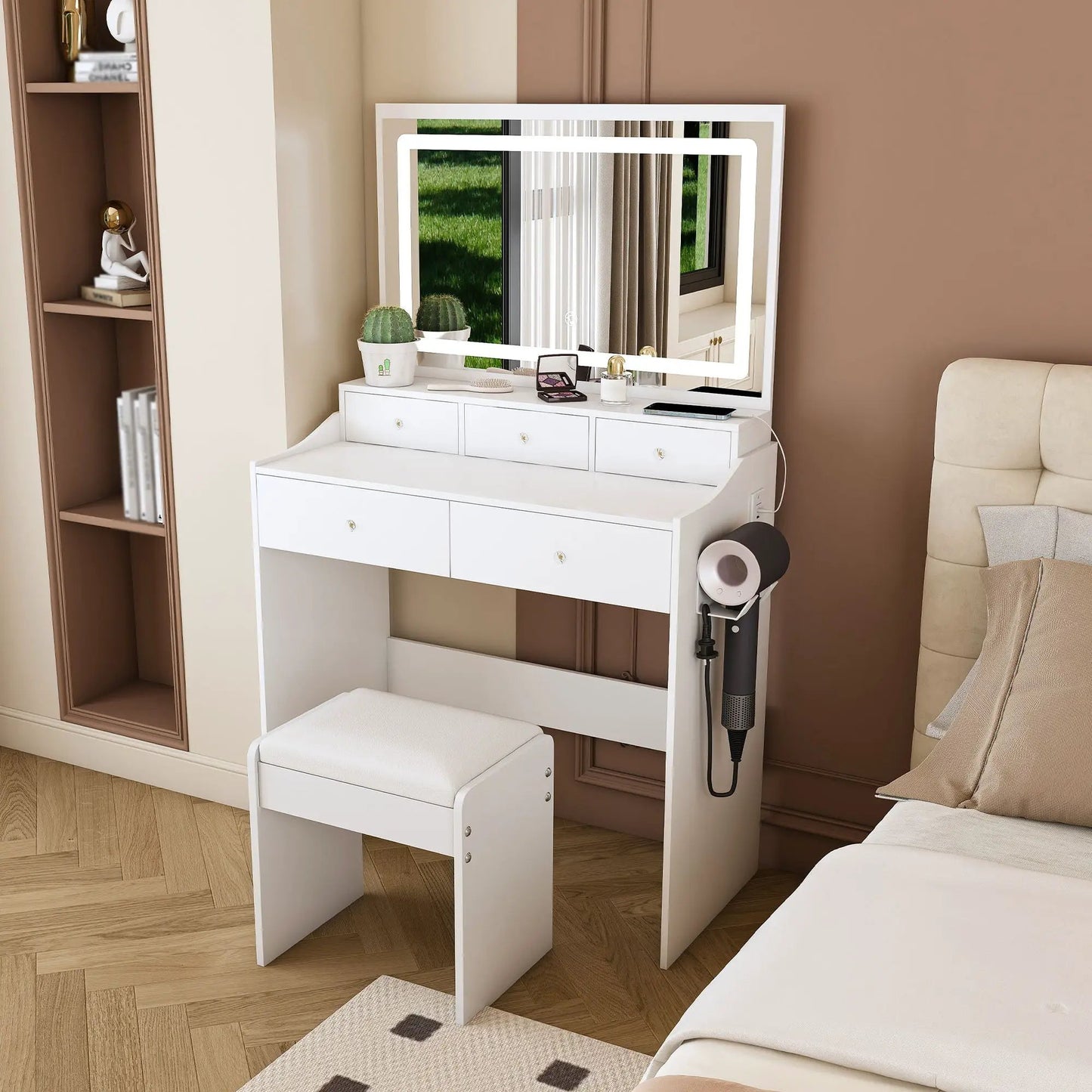 White makeup vanity set with power outlet, hair dryer holder, adjustable lighting on Tampa Home & Garden Store