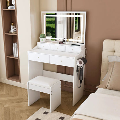 White makeup vanity set with power outlet, hair dryer holder, adjustable lighting on Tampa Home & Garden Store