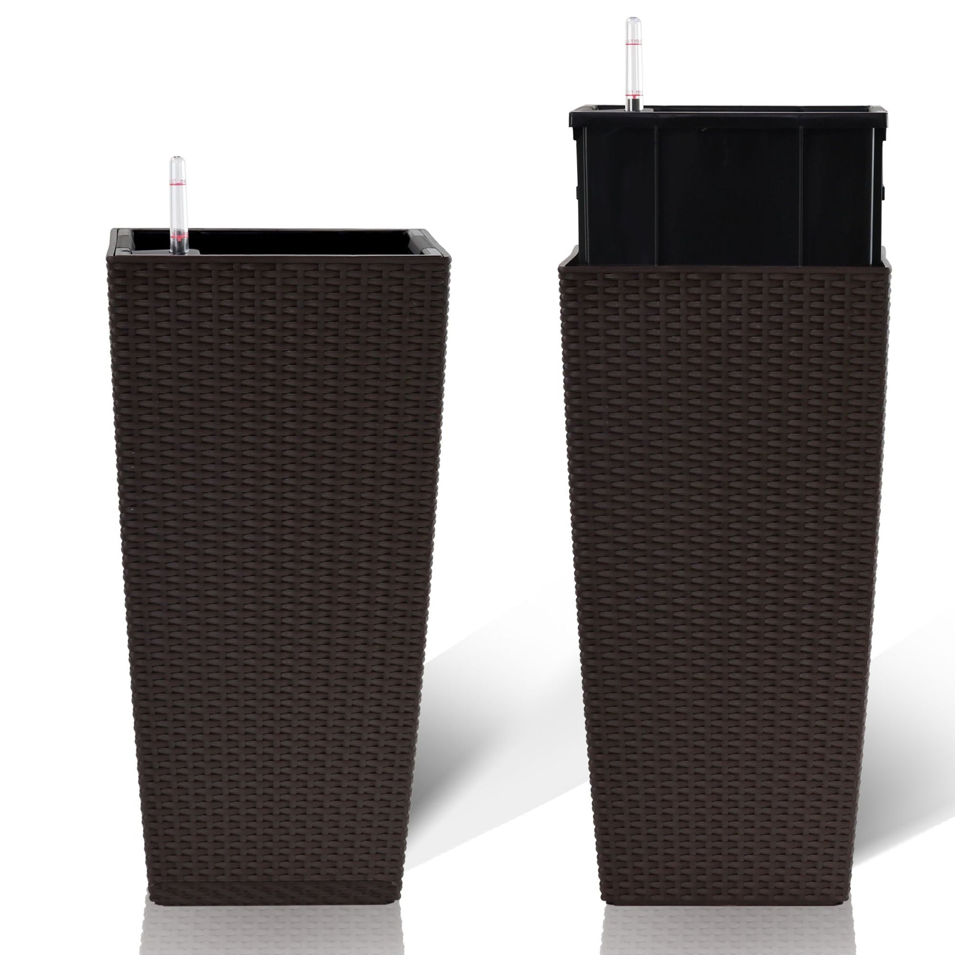 Indoor Outdoor Planter With Automatic Watering System in brown wicker; two planters on Tampa Home & Garden Store