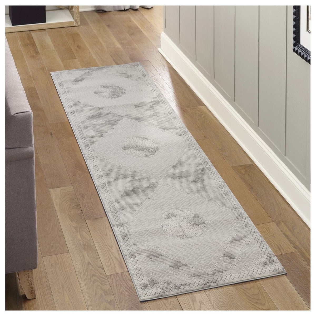 Gray medallion area rug runner with geometric 3D detail by HouseOfZazla on Tampa Home & Garden Store