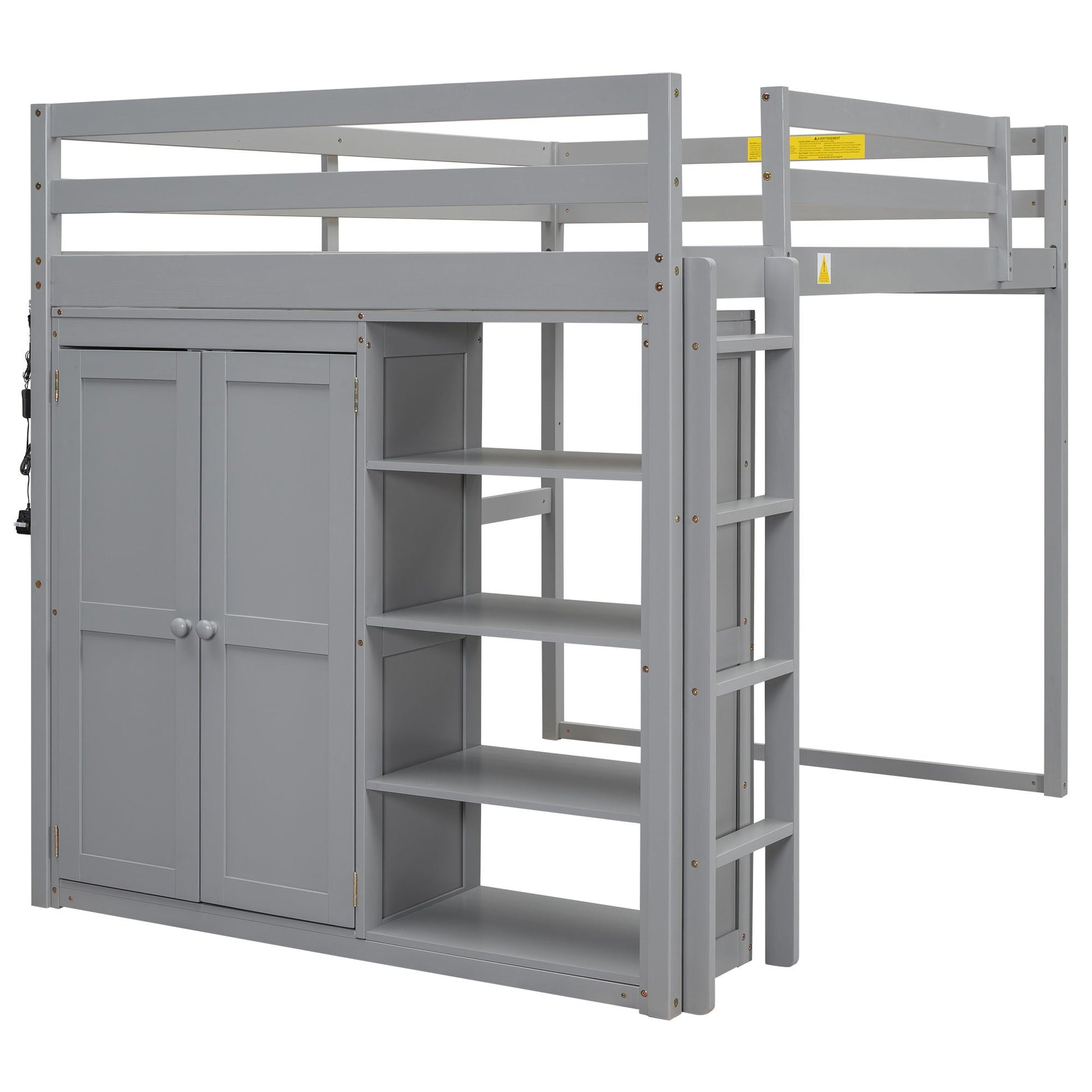 Loft Bed with Built In Wardrobe and Shelves, LED Light, gray wood by HouseOfZazla on Tampa Home & Garden Store