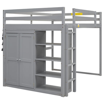 Loft Bed with Built In Wardrobe and Shelves, LED Light, gray wood by HouseOfZazla on Tampa Home & Garden Store