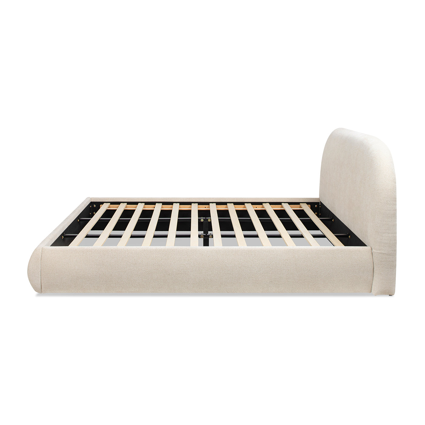 Archie Puffy Grounded Upholstered Platform Bed in Oatmeal Light with headboard and slats on Tampa Home & Garden Store