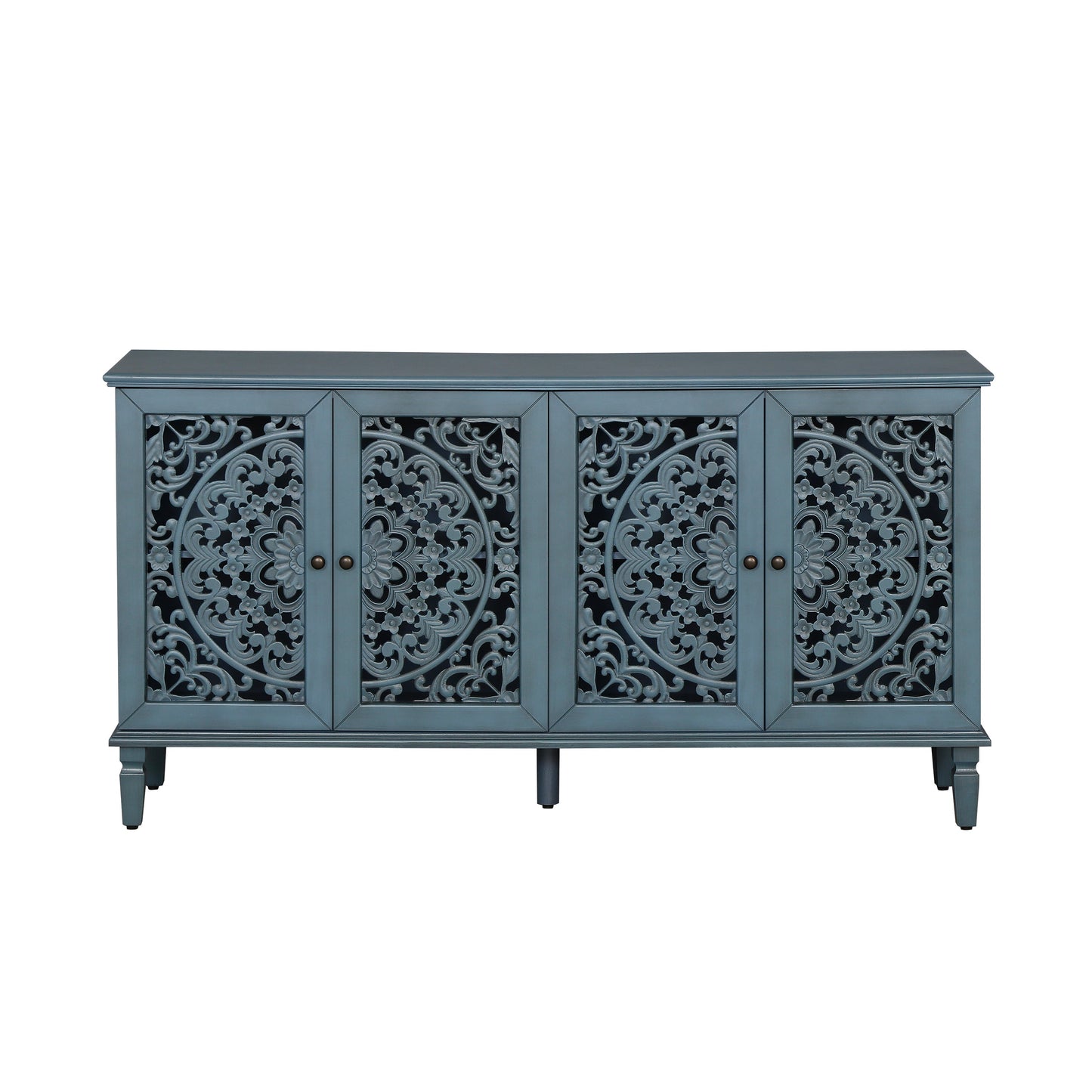 60-inch antique buffet cabinet with ornate floral carved panels in a blue-gray finish on Tampa Home & Garden Store
