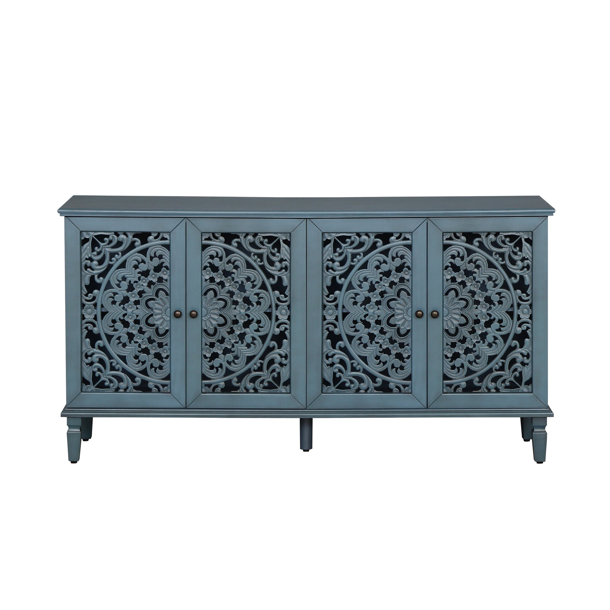 60-inch antique buffet cabinet with ornate floral carved panels in a blue-gray finish on Tampa Home & Garden Store