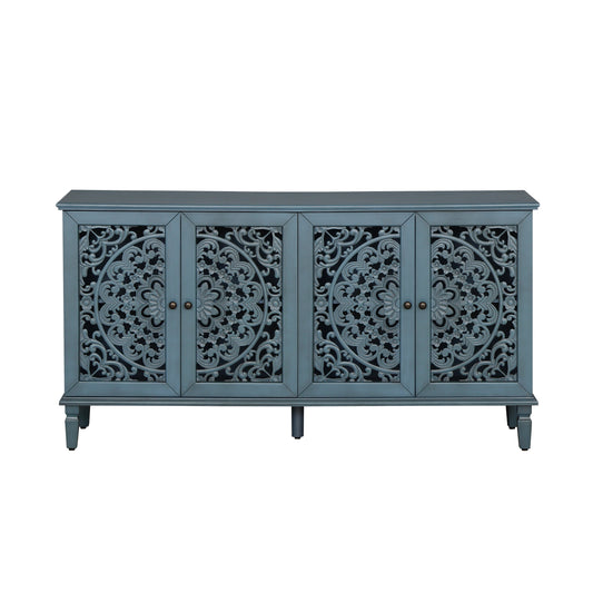 60-inch antique buffet cabinet with ornate floral carved panels in a blue-gray finish on Tampa Home & Garden Store