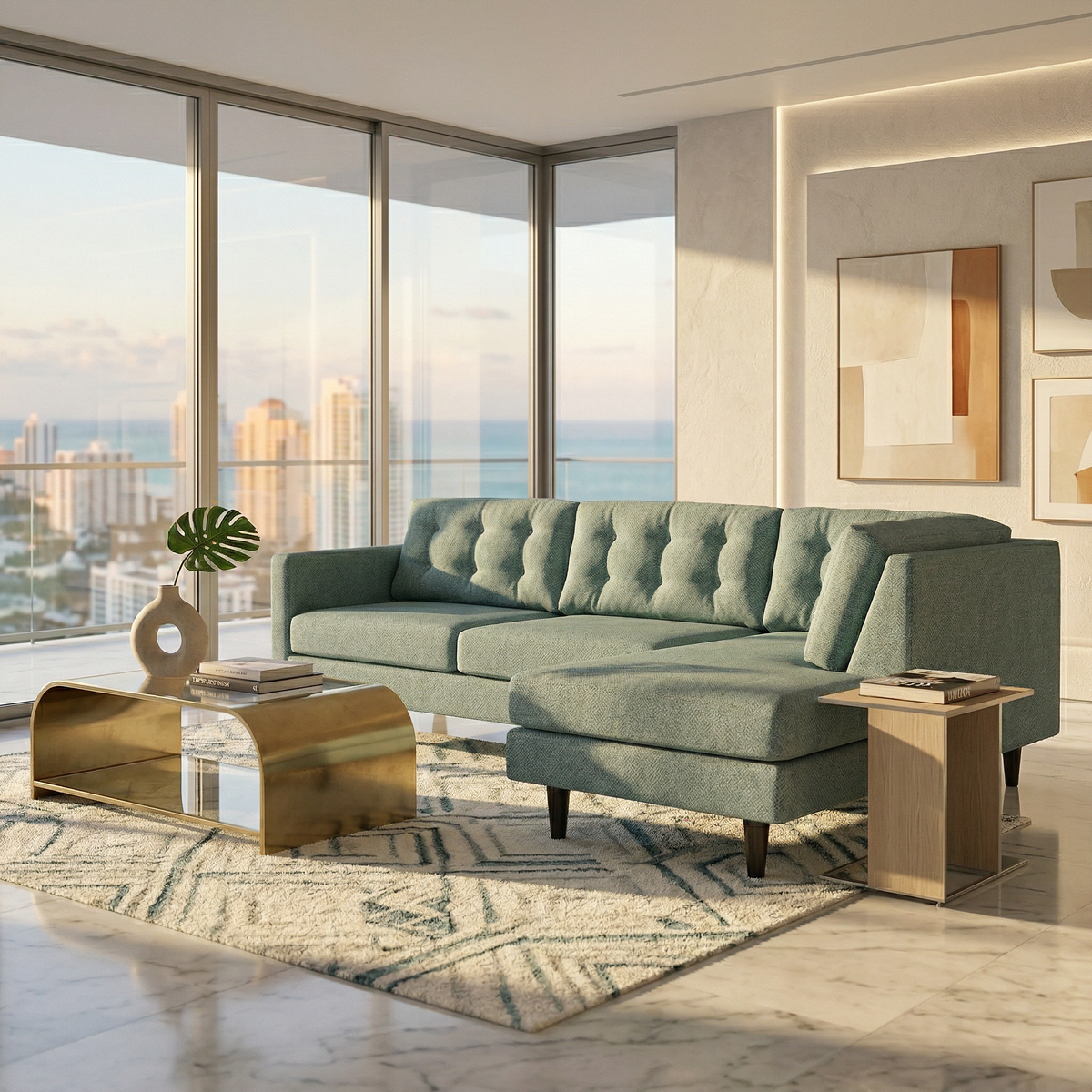 Talmadge Sectional sofa in teal tufted fabric by HouseOfZazla, USA made with custom options on Tampa Home & Garden Store
