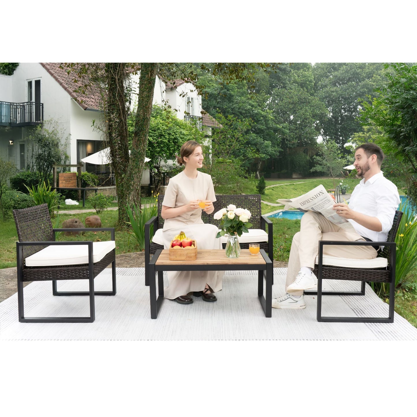 Furniture Set with Acacia Wood Table and Cushions
