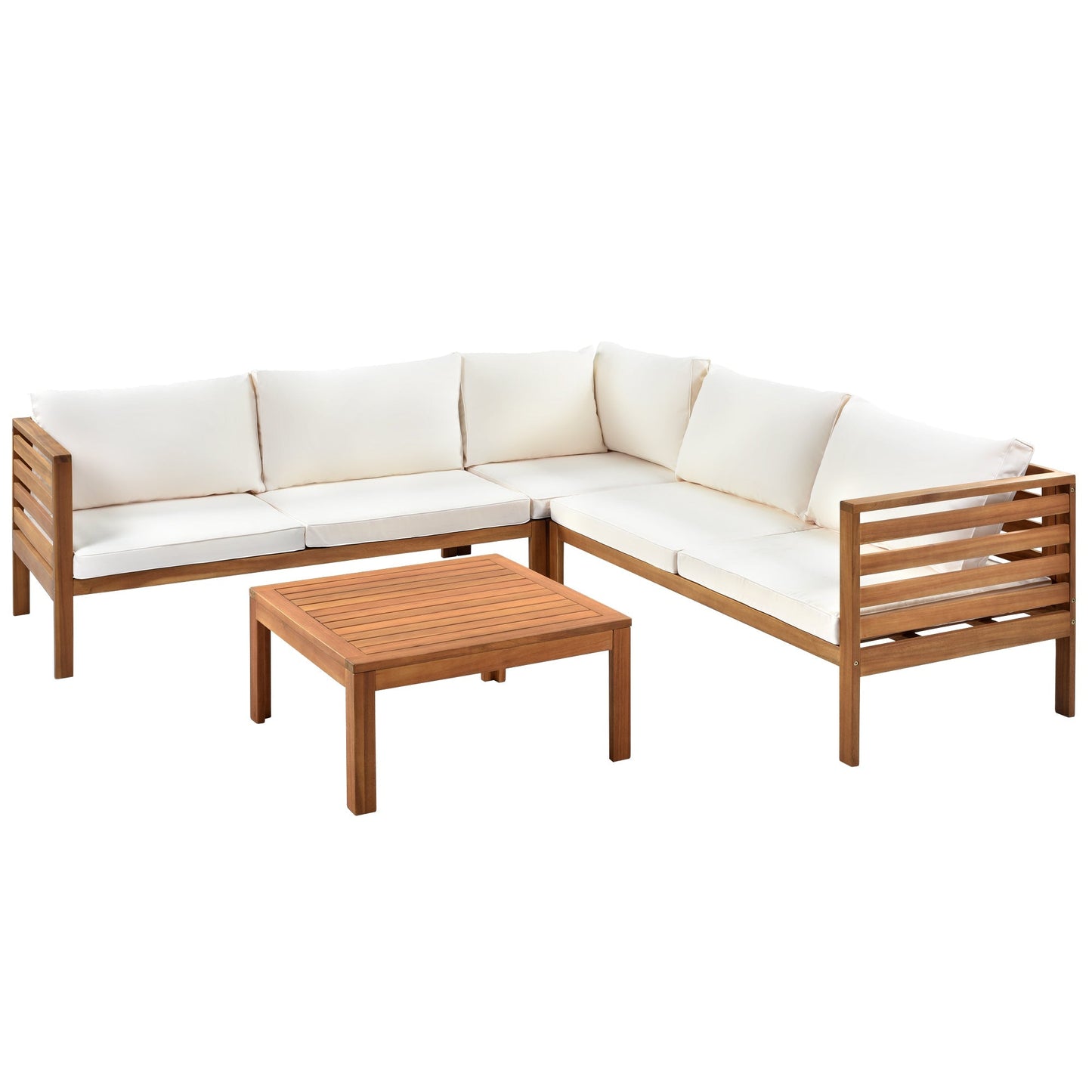 Wood Structure Outdoor Sofa Set with Beige Cushions, wooden frame and coffee table on Tampa Home & Garden Store