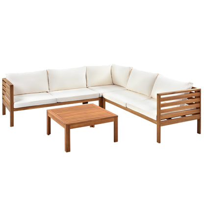 Wood Structure Outdoor Sofa Set with Beige Cushions, wooden frame and coffee table on Tampa Home & Garden Store