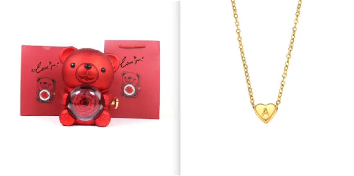 Red Eternal Rose Teddy Bear Gift Box with rotating rose jewelry box and gold heart necklace on Tampa Home & Garden Store