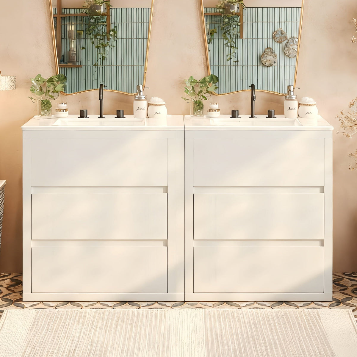 Wood double sink bathroom vanity pair by HouseOfZazla with white cabinets and black faucets on Tampa Home & Garden Store