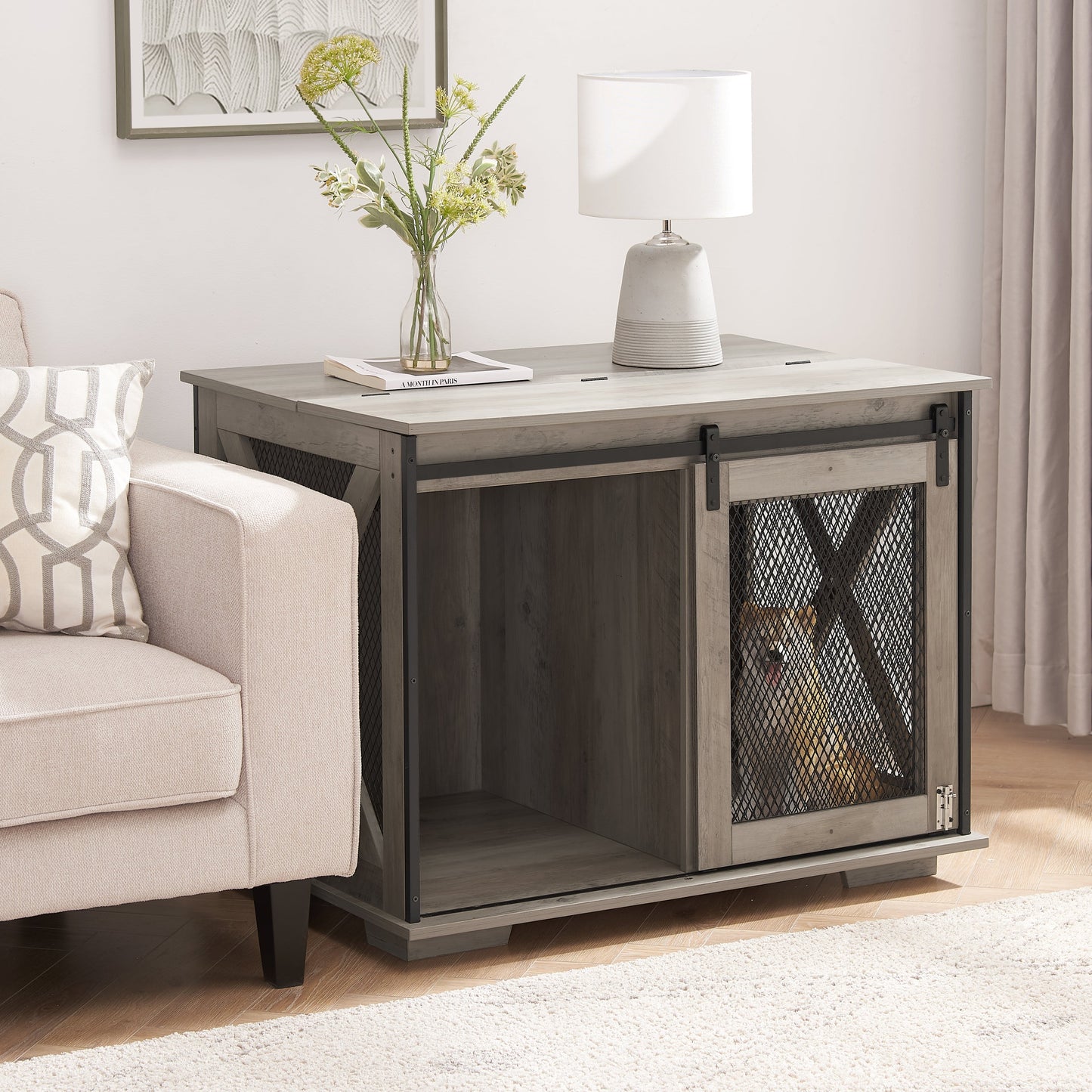 Farmhouse dog crate furniture with sliding barn door, gray wood and mesh panels on Tampa Home & Garden Store
