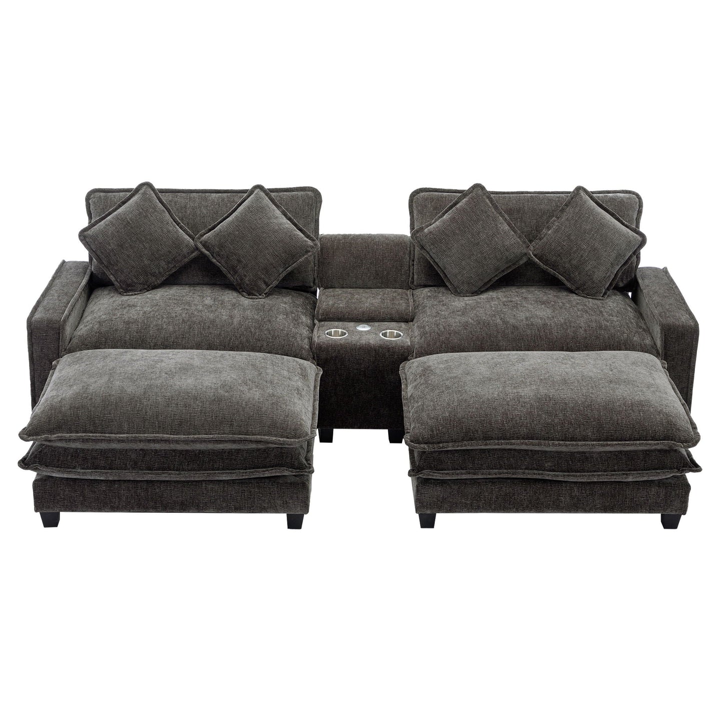 Modern gray sectional sofa with removable ottomans and center console cup holders on Tampa Home & Garden Store