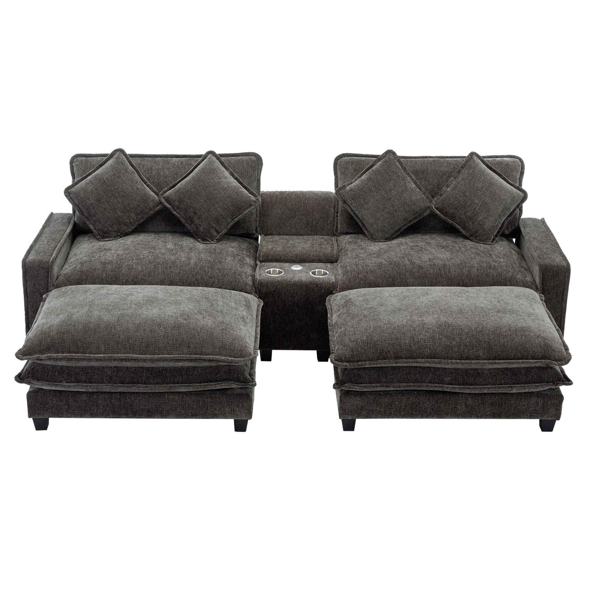 Modern gray sectional sofa with removable ottomans and center console cup holders on Tampa Home & Garden Store