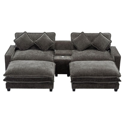 Modern gray sectional sofa with removable ottomans and center console cup holders on Tampa Home & Garden Store