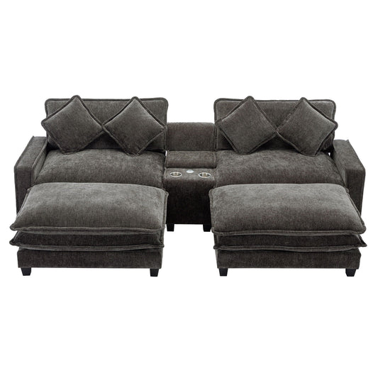 Modern gray sectional sofa with removable ottomans and center console cup holders on Tampa Home & Garden Store