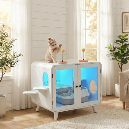 Cat Hidden Litter Box Enclosure with RGB LED Light by HouseOfZazla cabinet with blue panels on Tampa Home & Garden Store