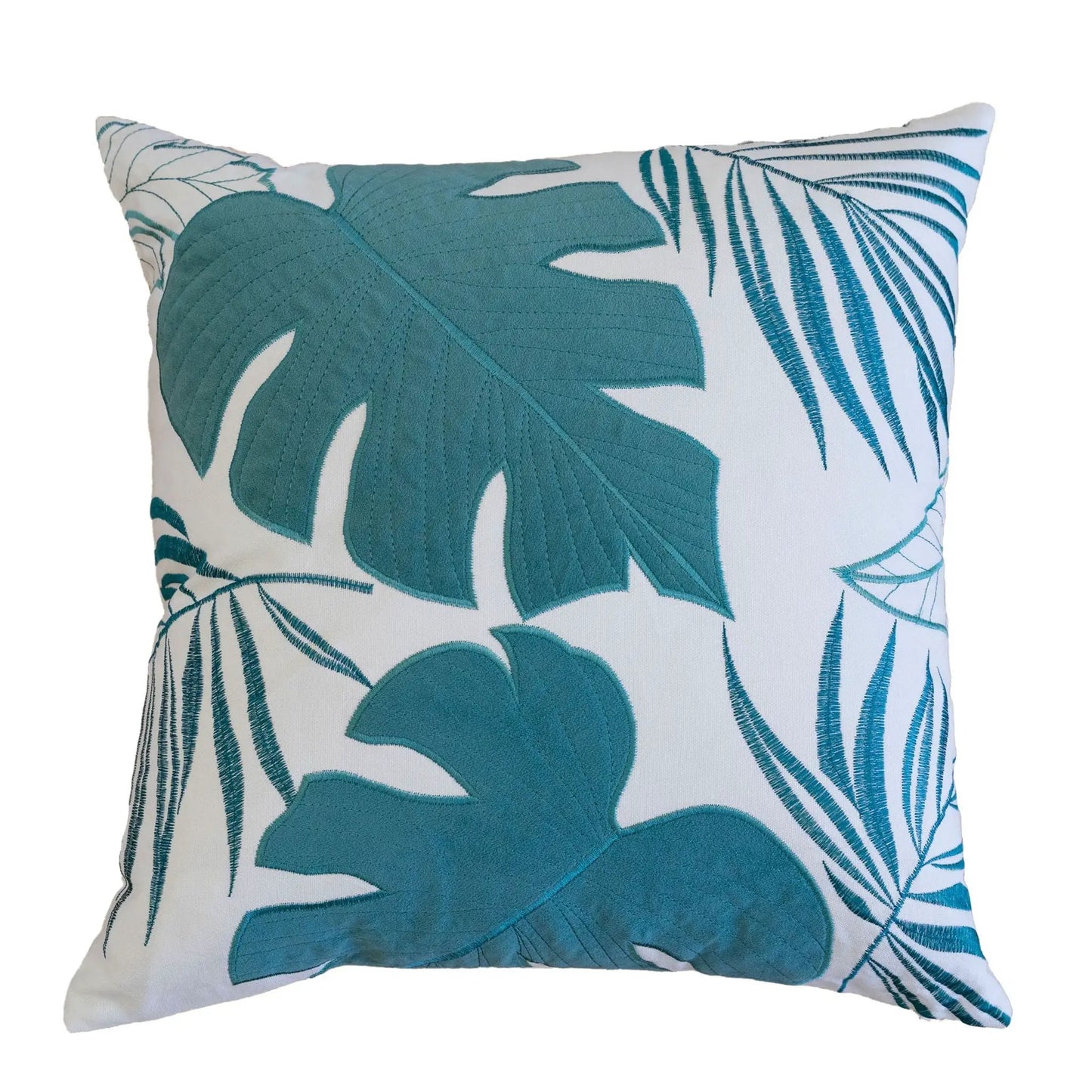 Autumn Vibes Leaf Accent Pillow by Unique Piece Furniture in teal palm leaf print on Tampa Home & Garden Store
