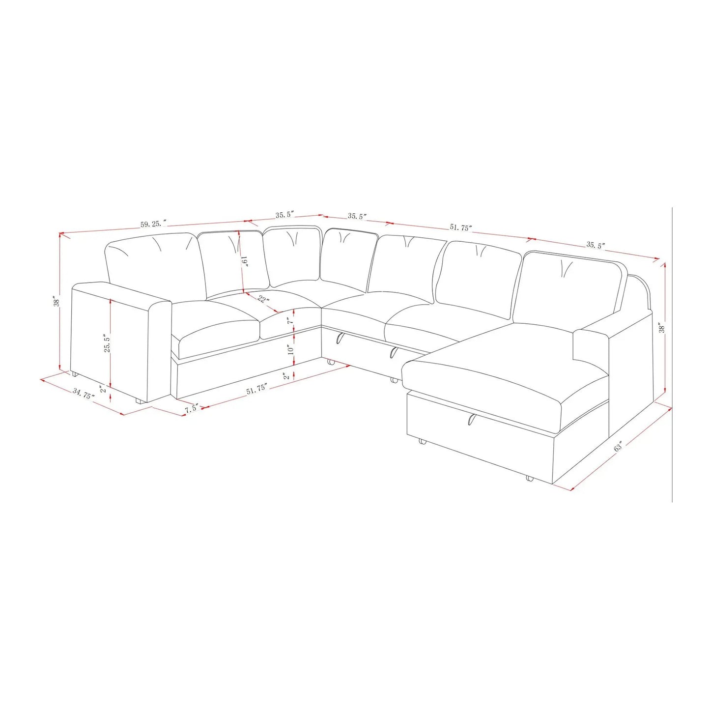 Melody sleeper sectional by Unique Piece Furniture; L-shaped drawing with measurements on Tampa Home & Garden Store