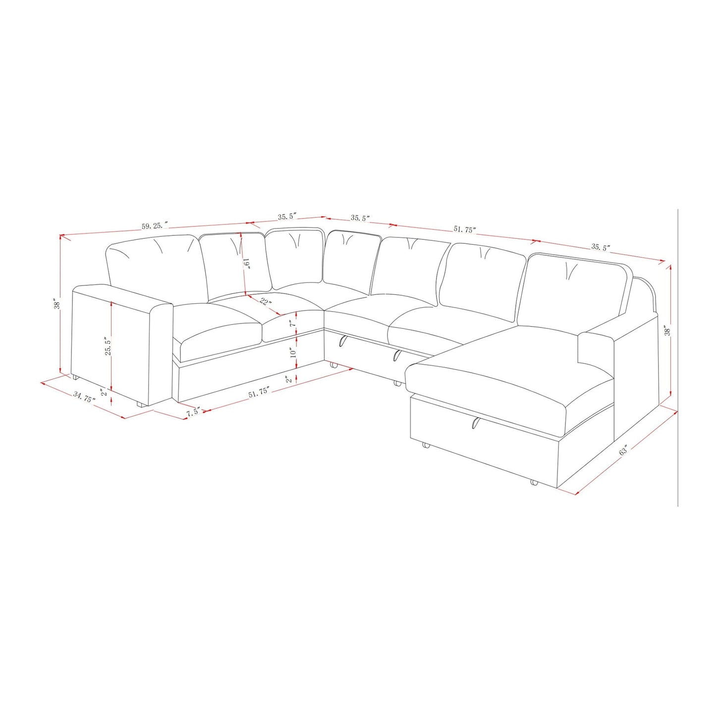 Melody Contemporary Design Sectional Sofa by HouseOfZazla blueprint with red dimension lines on Tampa Home & Garden Store