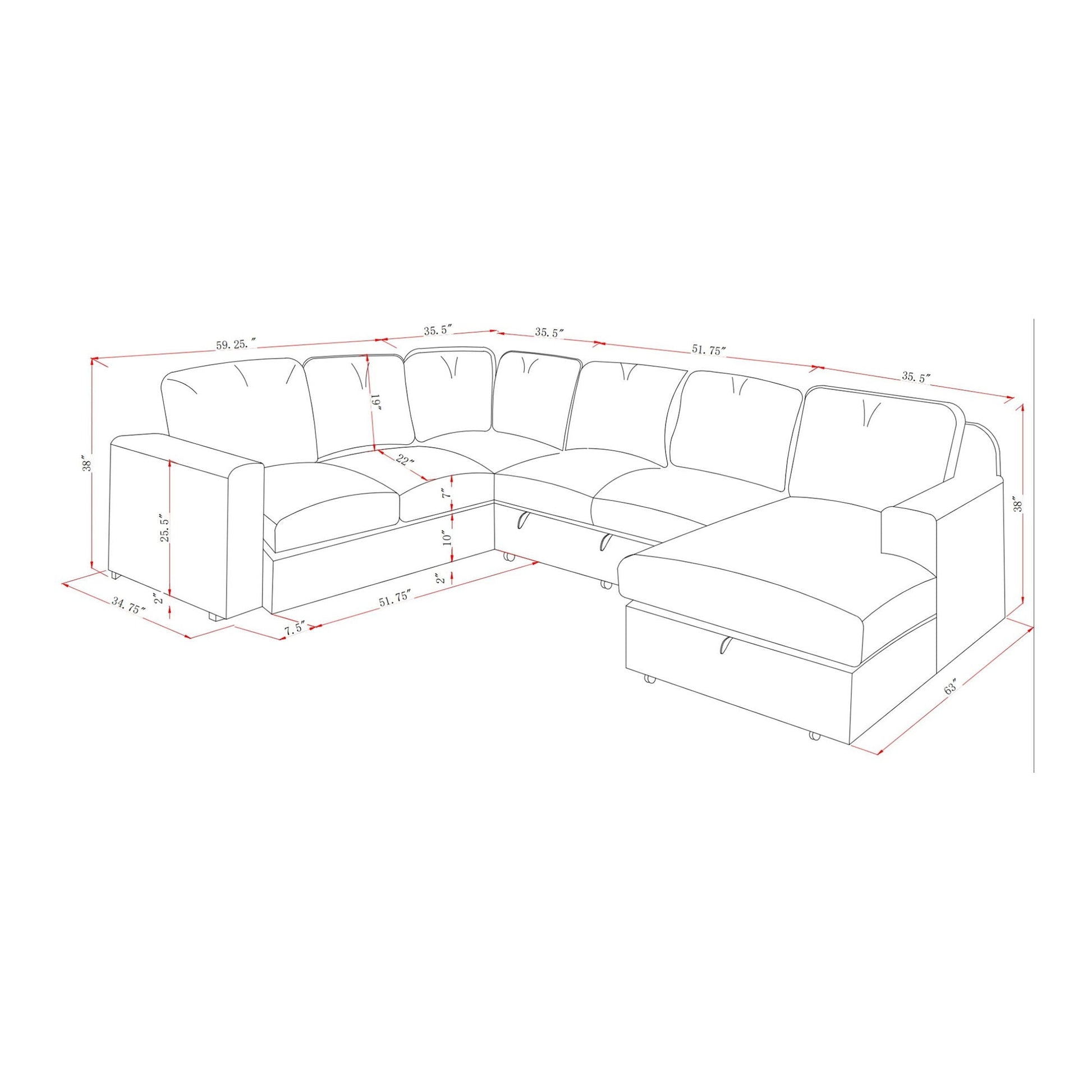 Melody sectional sleeper sofa blueprint with red dimension lines HouseOfZazla on Tampa Home & Garden Store