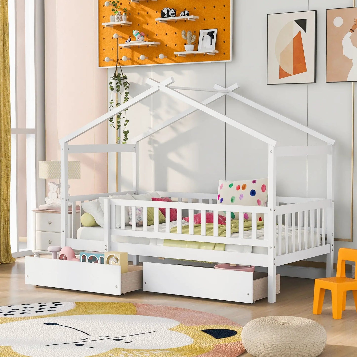 House Bed With 2 Drawers by Unique Piece Furniture, white storage bed with two under-bed drawers on Tampa Home & Garden Store