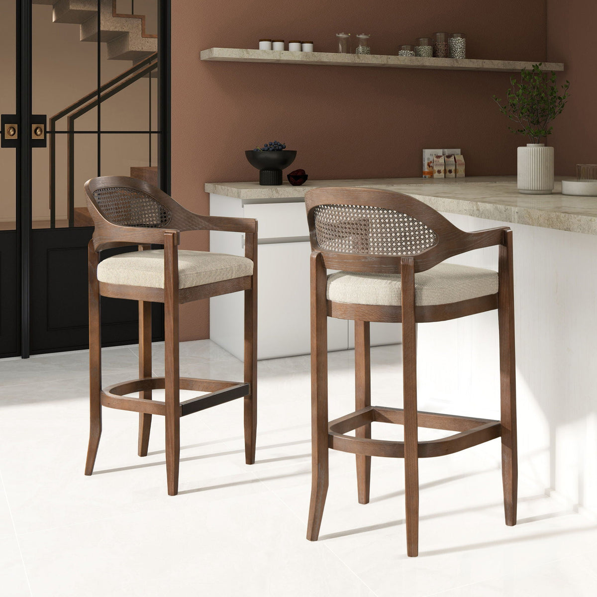 Mid-Century Modern cane-back counter height stool set of 3 with beige cushions on Tampa Home & Garden Store