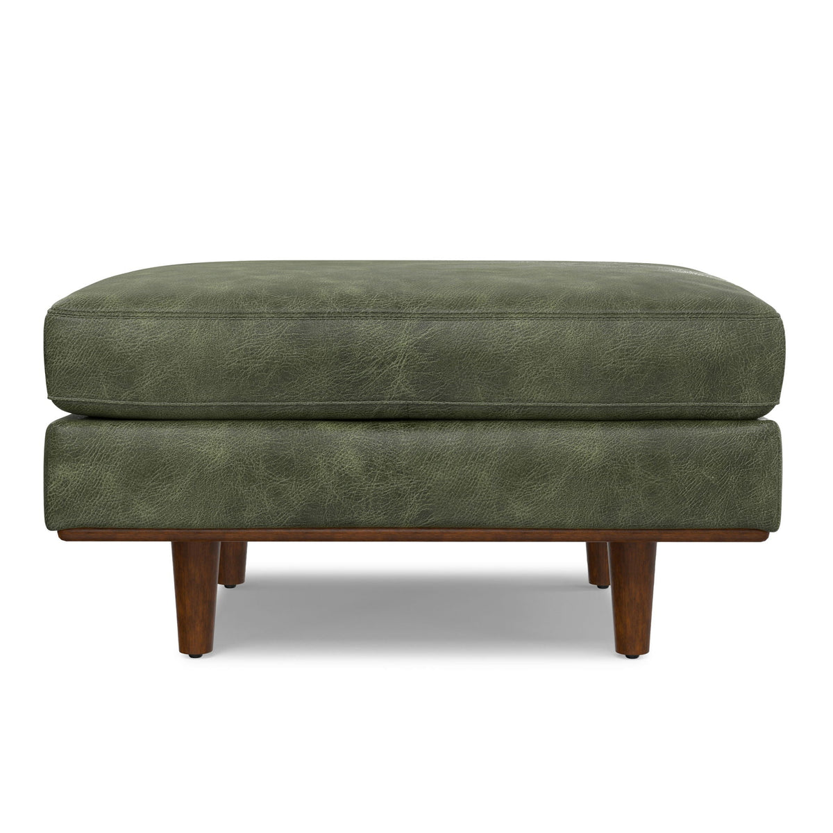 Morrison Ottoman Cushion in olive green leather with wooden legs, upholstered bench on Tampa Home & Garden Store