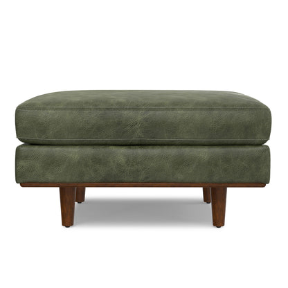 Morrison Ottoman Cushion in olive green leather with wooden legs, upholstered bench on Tampa Home & Garden Store