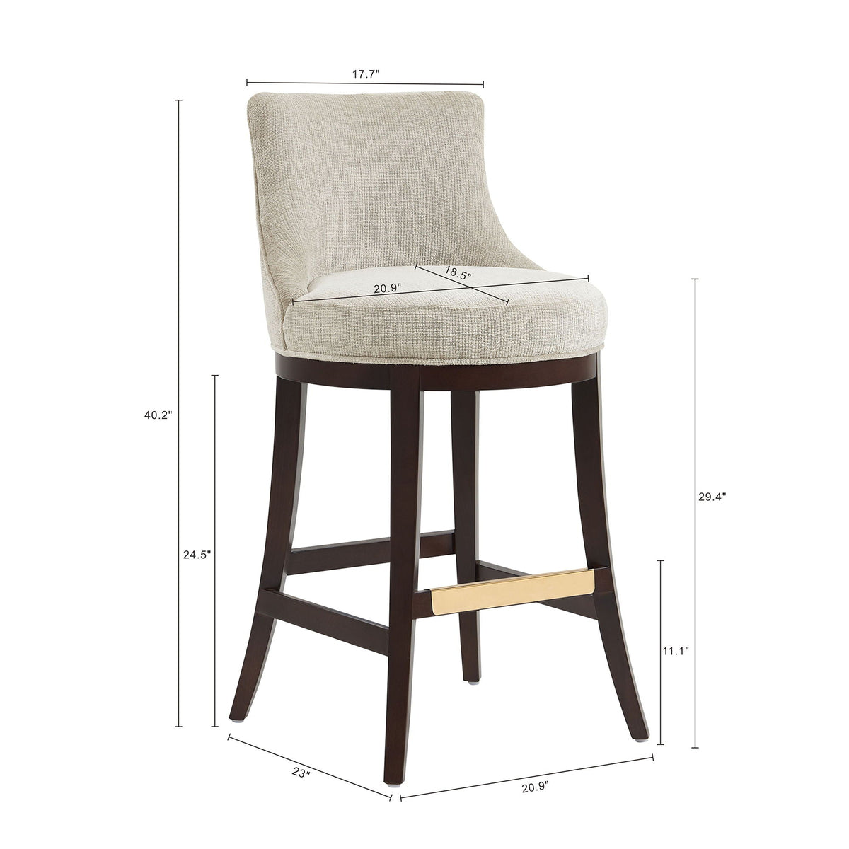 Beige bar height barstool with backrest, dark wood legs, brass footrest HouseOfZazla on Tampa Home & Garden Store