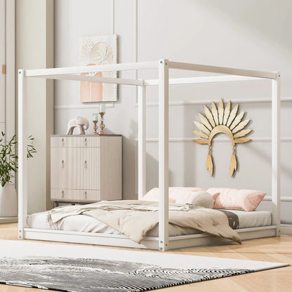 Wood canopy platform bed with white finish, support legs and airflow slats for a modern bedroom on Tampa Home & Garden Store