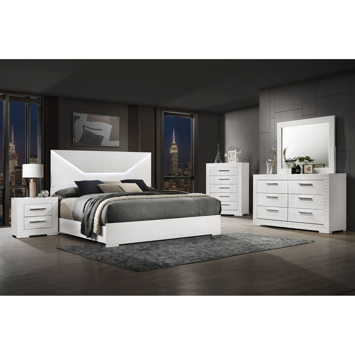 Pierce Panel Bed LED Headboard in white with textured panel by HouseOfZazla in a modern bedroom on Tampa Home & Garden Store