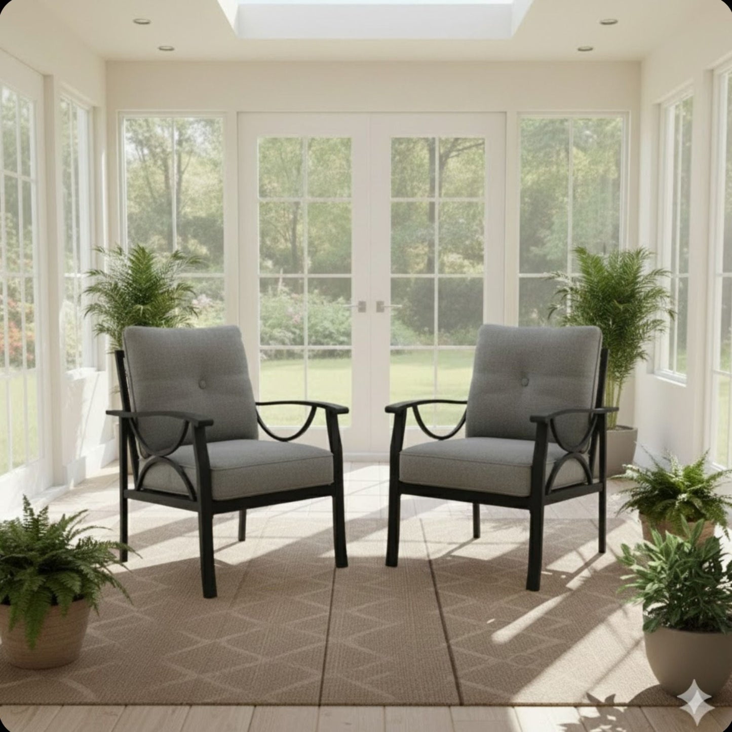 Set of 2 gray all-weather armchairs with cushions and black metal frames in a bright sunroom with glass doors on Tampa Home & Garden Store